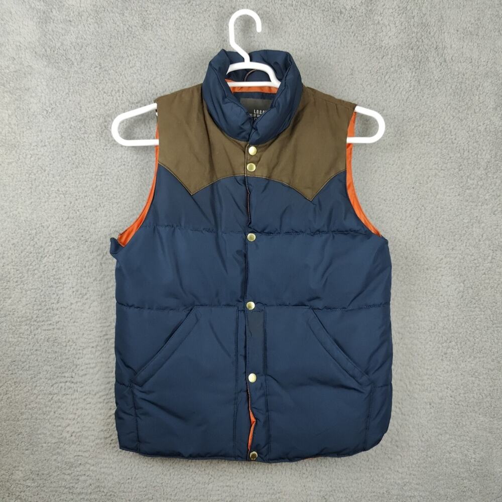 H&M Puffer Vest Mens Small Blue brown Button Up Logg Label of graded Goods